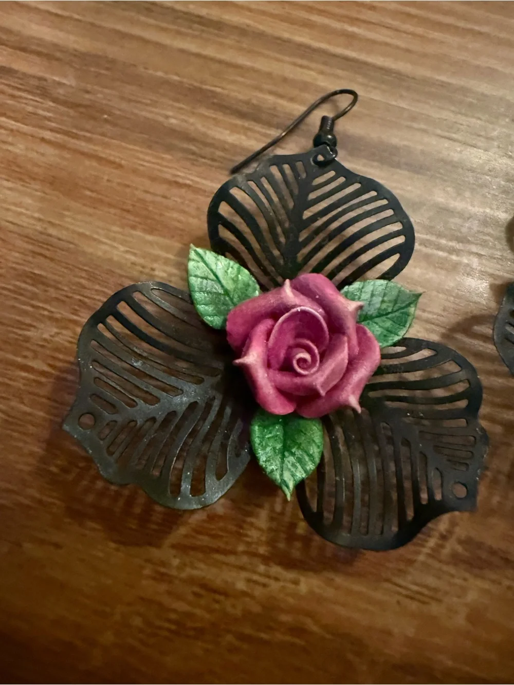 Romantic Pink Rose Filigree Drop Earrings - Women Jewelry